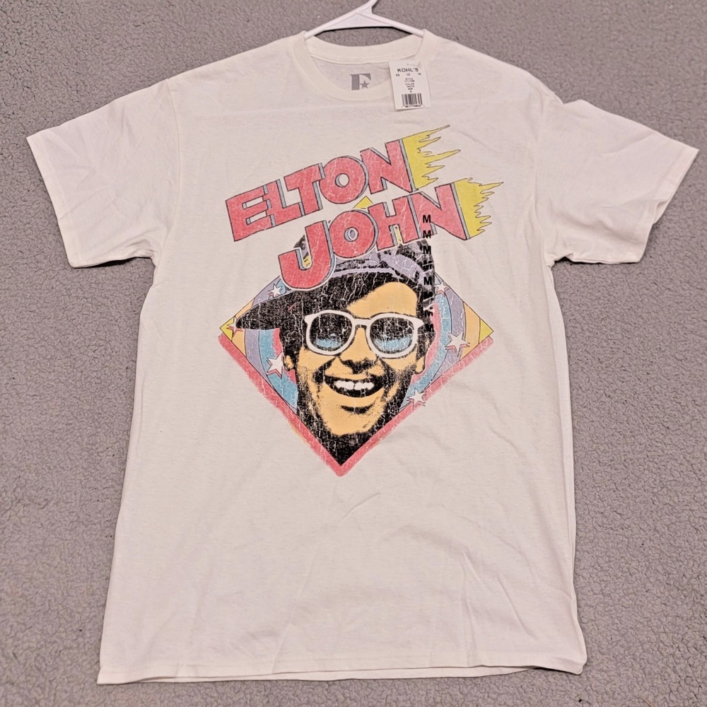 Elton John Shirt Mens Medium White Vintage Style Band T-Shirt‎ Tribute